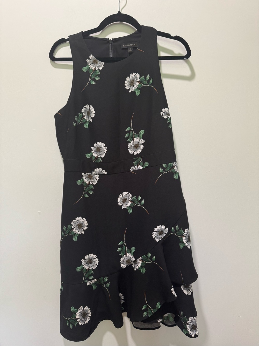 Banana Republic Black Dress with White Floral Print and Green Leaves